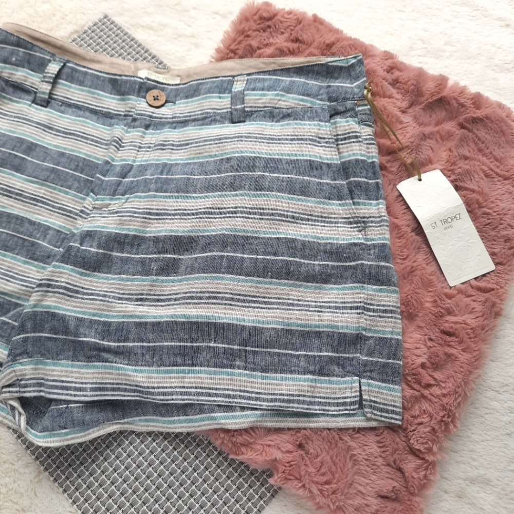 St. Tropez 100% Linen Chambray Stripe Shorts NEW 6 Vacation Travel Cruise